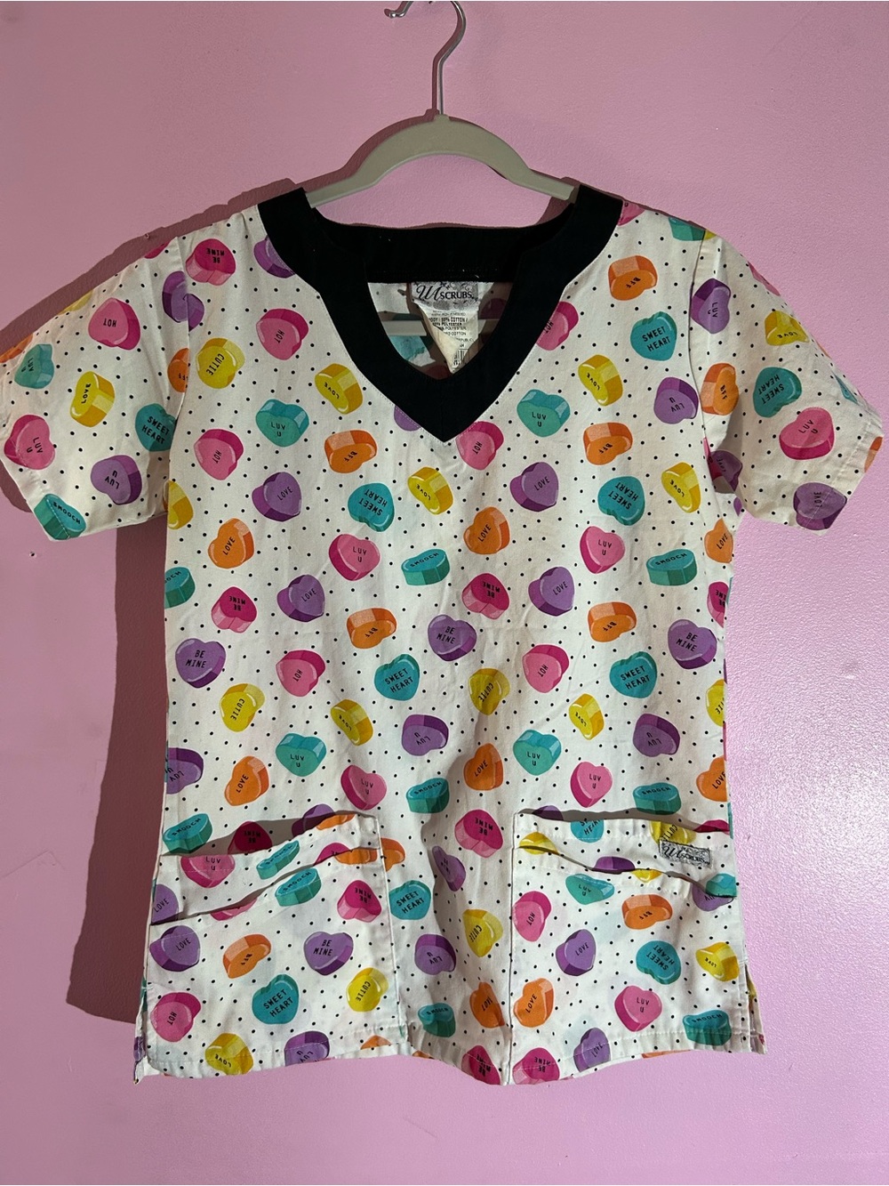 Scrub Top with Colorful Candy Heart Print - Unbr